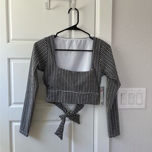 ANTONIO MELANI Black & White Gingham Square-Neck Tie-Back Crop Top
